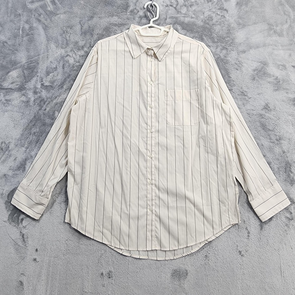 NEW A New Day Top Womens L Cream Black Striped Button Up Slim Fit Long Sleeve